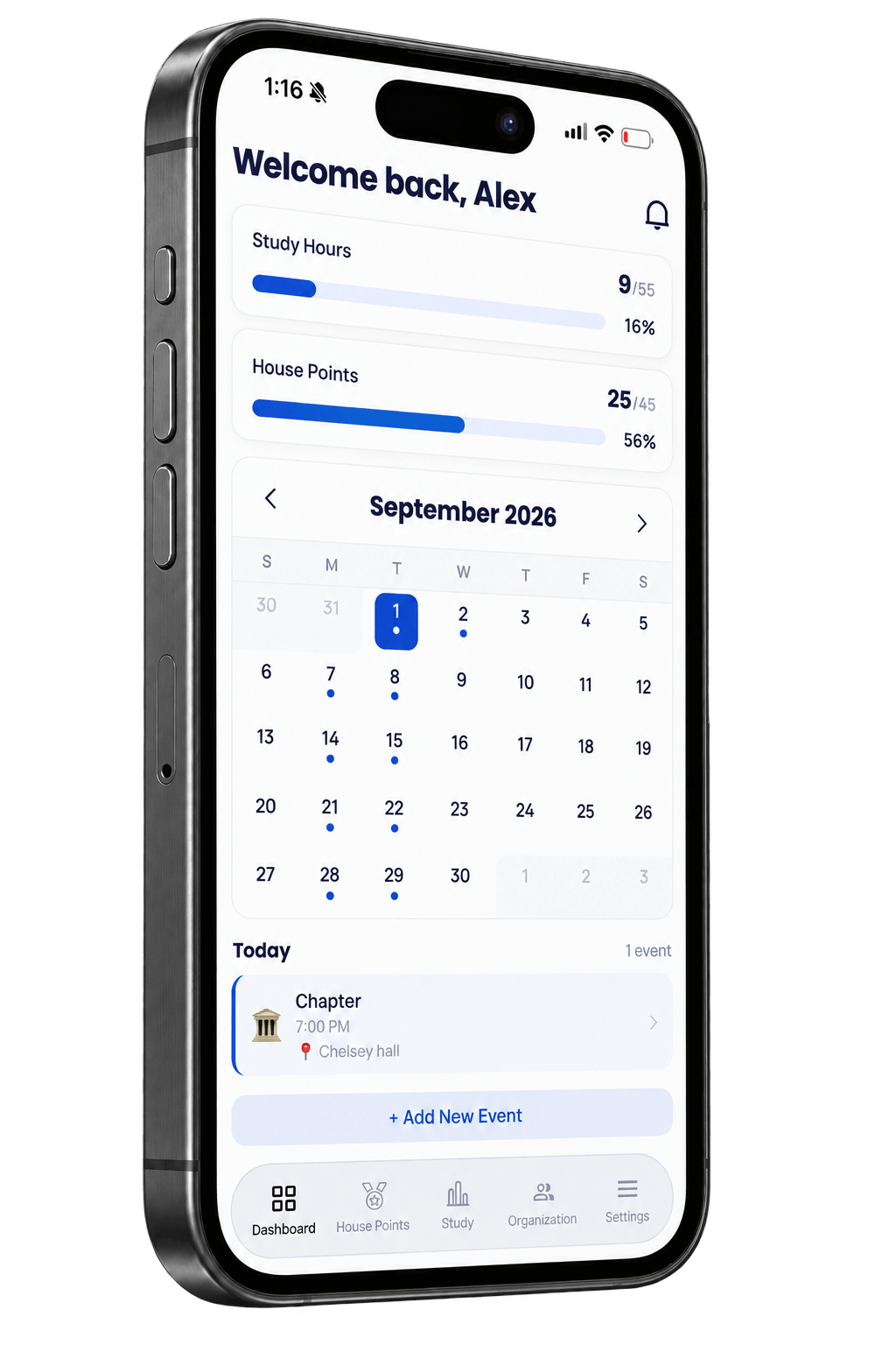 App dashboard with study hours and chapter calendar