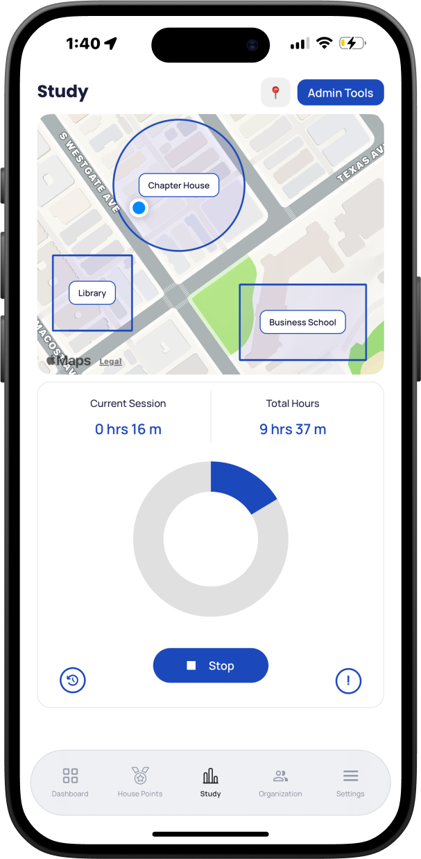 App dashboard showing study hours, house points, and a chapter calendar